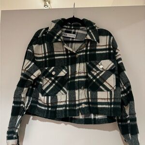 Zara Dark Green and White Plaid Utility Jacket